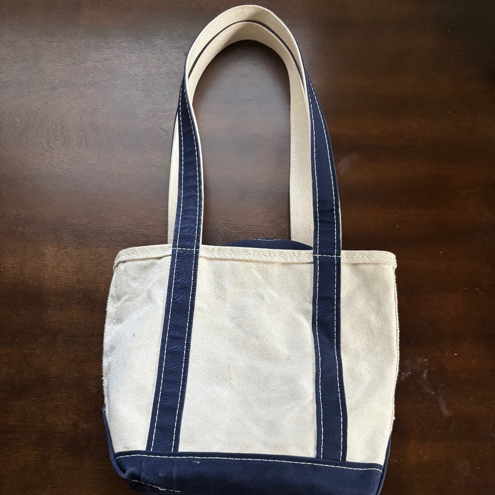 Vintage Ll Bean boat and tote canvas bag navy long straps zipper top